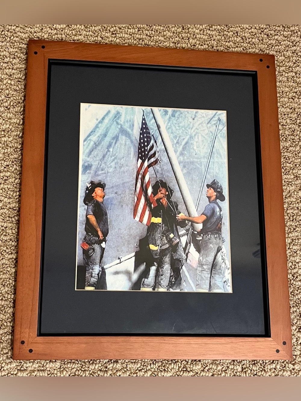 Framed Patriotic Firefighter Print in Wood Frame - Black Mat